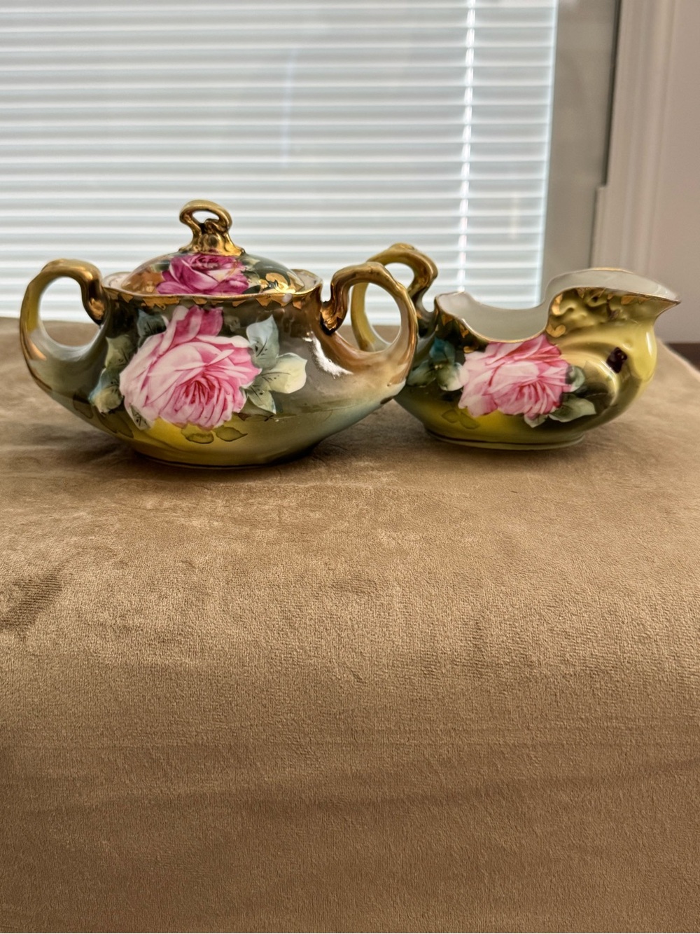 Antique Hand-Painted Nippon Floral Porcelain Sugar Bowl and Creamer